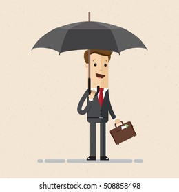 Businessman or manager  with briefcase in his hand stands in rain with an umbrella. Business concept. Vector, illustration, flat. 