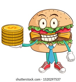 Businessman or manager of burger cartoon character holding stack of gold coins with funny smile face