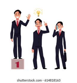 Businessman, manager in business suit achieves success, has insight, calls someone to share his idea, cartoon vector illustration isolated on white background. Businessman, success and idea generation