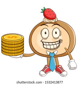 Businessman or manager of cake roll cartoon character holding stack of gold coins with funny smile face
