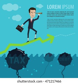 Businessman or manager carefully skirts the dangers of the sea, in the hand of a telescope and portfolio, underwater mines, Vector illustration in flat style isolated from the background, EPS 10