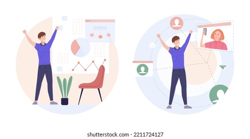 Businessman manager celebrating success in front of growth chart graph. Business people discussing strategy and celebrating victory in video conference call. Team business success, goal achievement