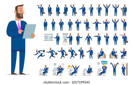 Businessman or manager character creation big set. Different views, gestures, emotions. The man is standing, running, sitting. Office equipment and furniture. Cartoon flat-style vector illustration.