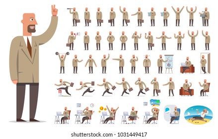 Businessman or manager character creation. Different views, situation, gestures, emotions. The man is standing, running, sitting. Office equipment and furniture. Big set. Flat-style illustration.