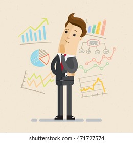 Businessman Or Manager With Charts, Diagrams, He Is Thinking. Infographic, Chart Statistic, Business Analysis.  Vector, Illustration, Flat