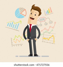 Businessman or manager with charts, diagrams. Infographic, chart statistic, business analysis.  Vector, illustration, flat