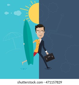 A businessman or manager cheerful and well rested in a hurry to work with briefcase and a surfboard, Vector illustration in flat, cartoon style isolated from the background, EPS 10