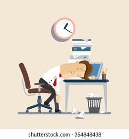 Businessman, manager, clerk, office woker. Manager fall asleep on a workplace. Illustration, vector EPS10.