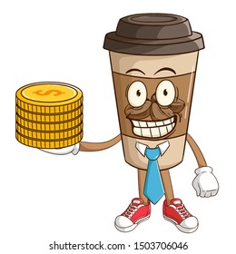 Businessman or manager of coffee paper cup cartoon character holding stack of gold coins with funny smile face