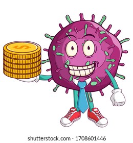 Businessman or manager of corona virus covid-19 cartoon character holding stack of gold coins with funny smile face