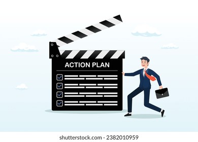 Businessman manager with director clapboard or slate listing action plan steps, action plan with checklist step by step of business implementation, procedure, strategy plan to finish project (Vector)
