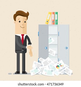 Businessman or manager with document cabinet and a lot of document.  Vector, illustration, flat