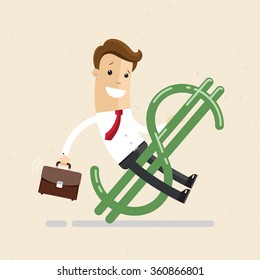 Businessman or manager and dollar. A man in a suit and with a briefcase in hand rides the dollar. Illustration, vector EPS10.