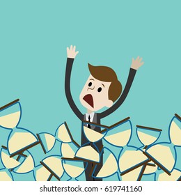 Businessman or manager is drowning in sandglass. Loosing time. Vector illustration