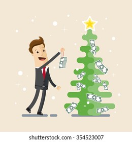 Businessman, manager, employee. A man in a suit decorates a Christmas tree with money. Vector EPS10.