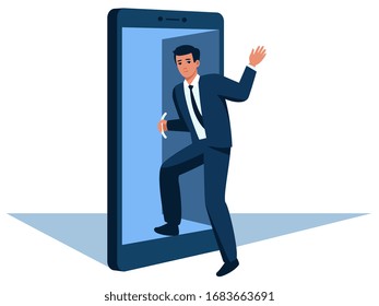 businessman or manager enters a smartphone as he waves goodbye at the door, goes to an online business or work