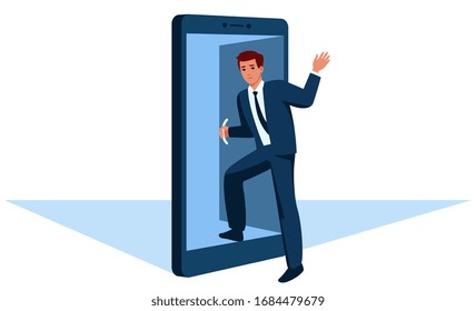 businessman or manager enters a smartphone as he waves goodbye at the door, goes to an online business or work, remote collaboration