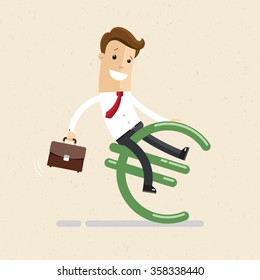  Businessman or manager and euro. A man in a suit and with a briefcase in hand rides the euro. Illustration, vector EPS10.