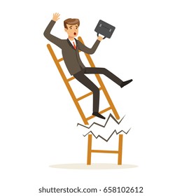 Businessman or manager fall down of broken career ladder, unsuccessful character vector Illustration