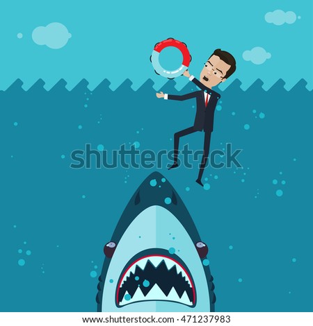 A businessman or manager fighting for his life in the ocean, in his hand a lifeline, a huge shark underwater, Vector illustration in flat, cartoon style isolated from the background, EPS 10