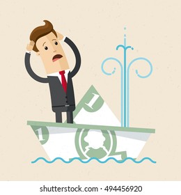 Businessman or manager floats on a boat made of money and is sinking. Vector, illustration, flat