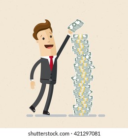 Businessman or manager folds  packs of money in a stack. Vector, illustration