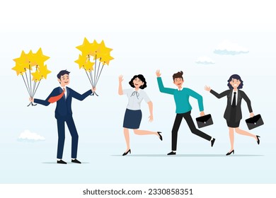 Businessman manager give 5 stars rating, evaluation, employee appraisal, rating or feedback, stars quality or excellent job, assessment or year end review, giving rating or performance review (Vector)