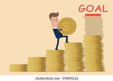 businessman or manager go to a pile of golden coins. stock vector businessman step on stack of coin in investment progress concept. Vector illustration