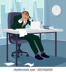 Businessman or manager grabbed his head in despair. Man sitting at table in office, around mess. Failure or problem concept. Simplistic realistic comic art style. Vector illustration