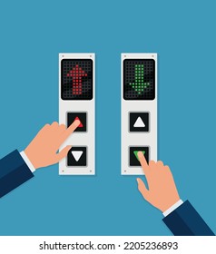 Businessman or manager hand pressing elevator button. Lift call buttons panel. Flat vector illustration. eps 10