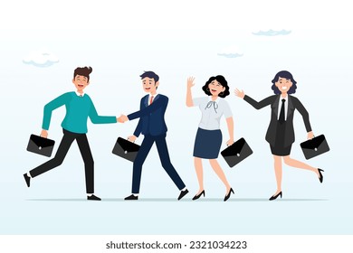 Businessman manager handshake welcome and introduce new staff to team, onboarding new employee, warm welcome to new office, introduce new hire to colleagues, orientation training on first day (Vector)