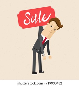 Businessman or manager is hanging on a sticker with the word Sale.
