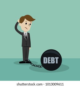 Businessman or manager has a debt as a chain on his leg.