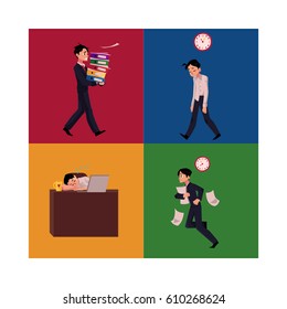 Businessman, manager having blue Monday, late to work, frustrated, sleeping at workplace, cartoon vector illustration four situations. Businessman, employee set, difficult times