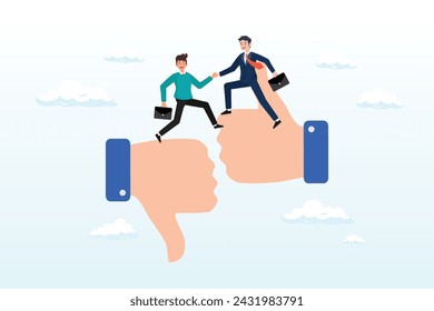 Businessman manager help coworker step from thumb down to thumb up, mentor support, coaching or training for employee improvement, help colleague or partner to work better, advice or consult (Vector)