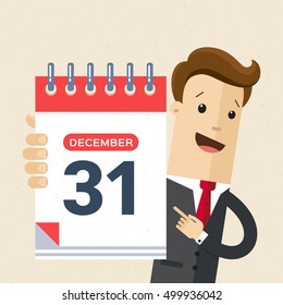 Businessman or manager hold a calendar on his hand. 31 of December, New Year. Vector, illustration, flat