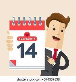 Businessman or manager hold a calendar on his hand. 14th of February, Valentine's Day. Vector, illustration, flat