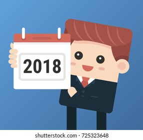 Businessman or manager hold a calendar on his hand. 2018, New Year. Vector, illustration, flat