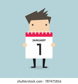 Businessman or manager hold a calendar on his hand. Vector