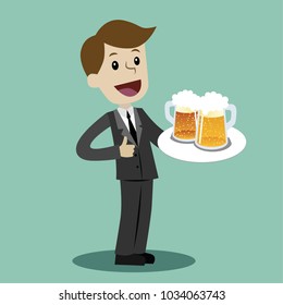 Businessman or manager hold glasses with beer after work day. Vector, illustration, flat