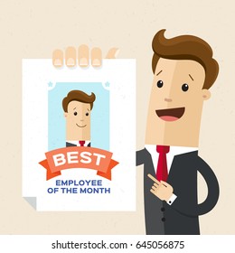 Businessman or manager hold a poster "The best worker of the month".  Vector, illustration, flat.