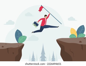 Businessman or manager hold success flag while jump through the gap obstacles and success. Running and jump over cliffs. Business risk and success concept. Overcoming Obstacles concept Vector.