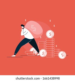 Businessman or manager holding big bag of money, Man carrying big moneybag