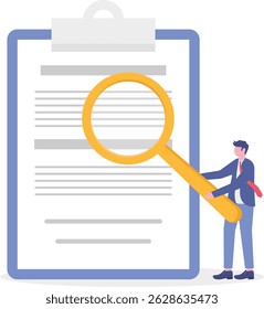 businessman manager holding a big magnifying glass checking document.


