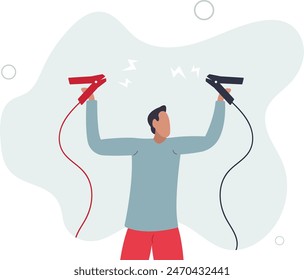 businessman manager holding high energy battery jumper ready to jumpstart employee.flat vector illustration.