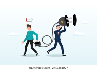 Businessman manager holding huge electric plug to recharge low battery exhausted businessman worker, recharge energy to exhausted fatigue office employee, refresh from overworked or burn out (Vector)