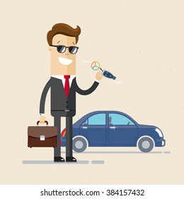 Businessman or manager  is holding a key of a new car. Happy, smile. Cartoon, Vector, Illustration, EPS 10