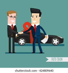 Businessman or manager is holding a key of a new car. Happy, smile. Business concept cartoon illustration.