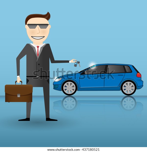 Businessman or\
manager is holding a key of a new car. Happy, smile, success.\
Cartoon, Vector illustration salesman.\

