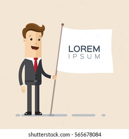 Businessman or manager holding a white flag in his hand. Lorem ipsum. Vector, illustration, flat